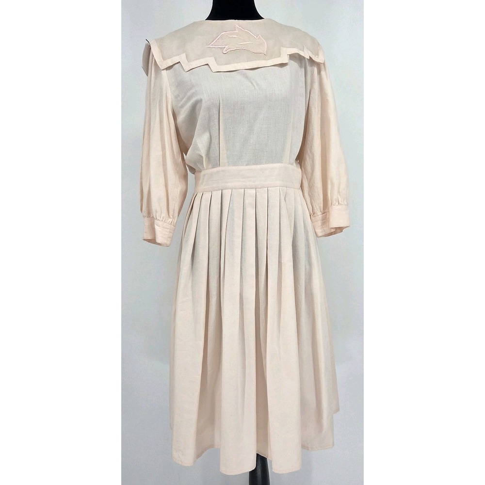 Vtg Allen Solly Prairie Pleated Dress 10 Pink Linen Embroidered Leaf Bib
